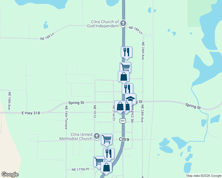 map of restaurants, bars, coffee shops, grocery stores, and more near 2115 Northeast 184th Street in Citra