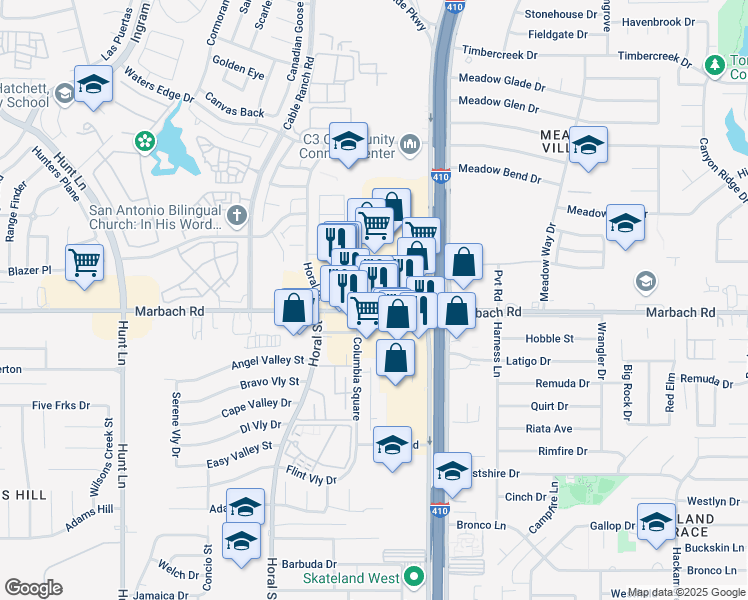 map of restaurants, bars, coffee shops, grocery stores, and more near 8234 Marbach Road in San Antonio