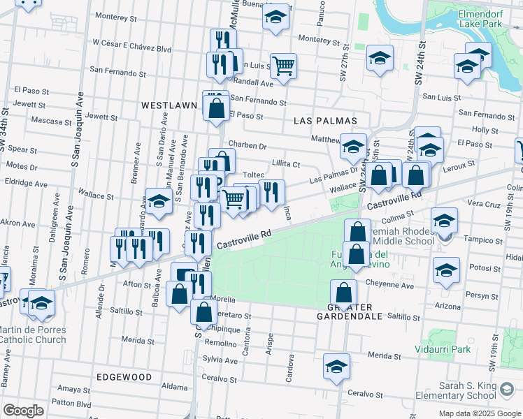map of restaurants, bars, coffee shops, grocery stores, and more near 803 Castroville Road in San Antonio