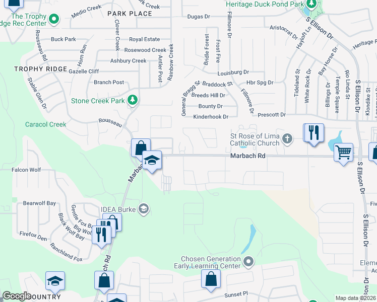 map of restaurants, bars, coffee shops, grocery stores, and more near 10206 Robbins Creek in San Antonio