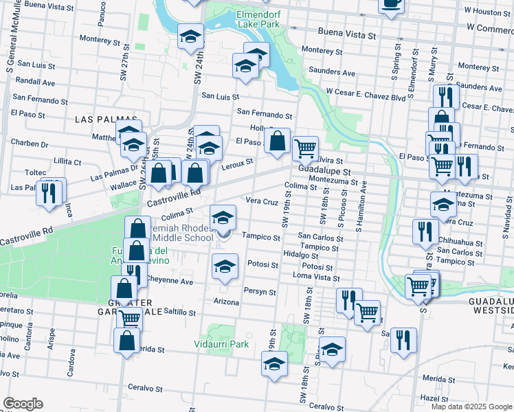map of restaurants, bars, coffee shops, grocery stores, and more near 2939 Chihuahua Street in San Antonio