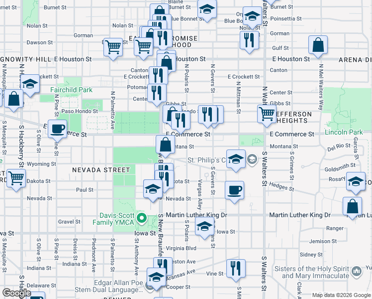 map of restaurants, bars, coffee shops, grocery stores, and more near 2115 Wyoming Street in San Antonio
