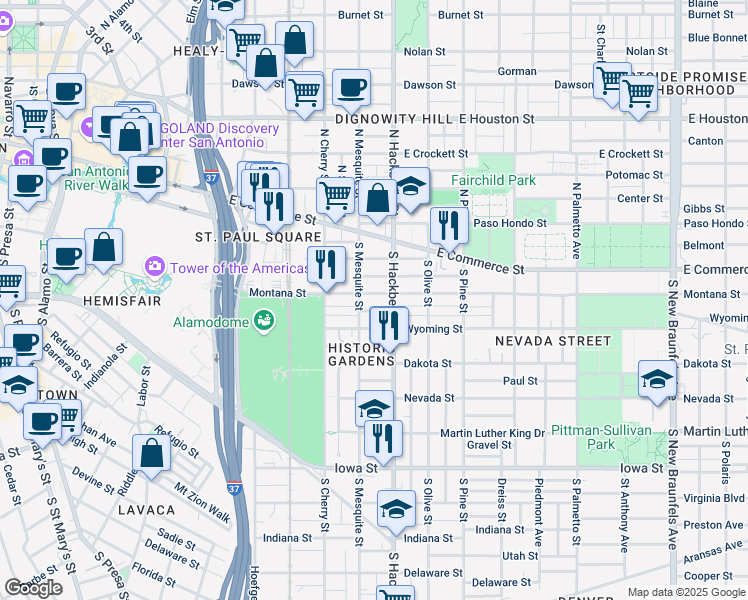 map of restaurants, bars, coffee shops, grocery stores, and more near 313 South Hackberry in San Antonio