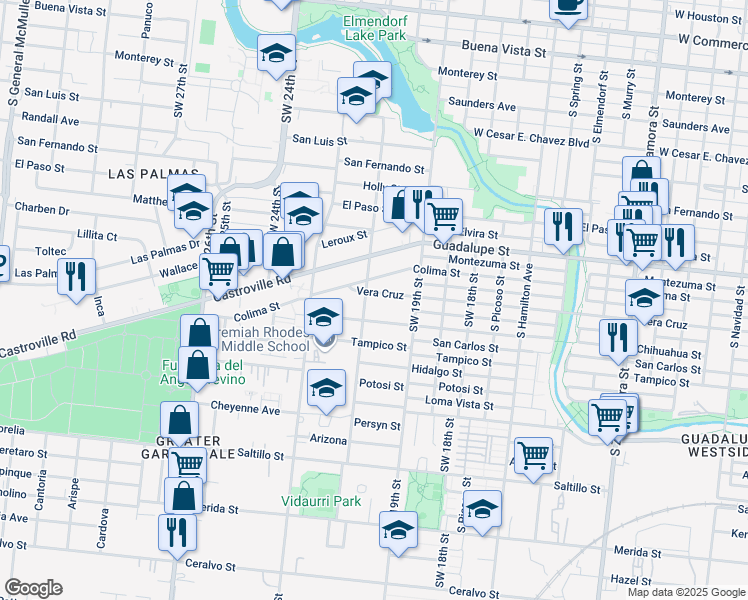 map of restaurants, bars, coffee shops, grocery stores, and more near 2939 Chihuahua Street in San Antonio