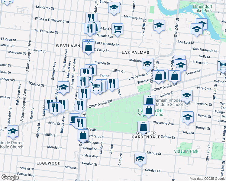 map of restaurants, bars, coffee shops, grocery stores, and more near 803 Castroville Road in San Antonio
