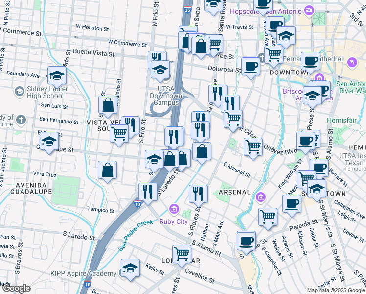 map of restaurants, bars, coffee shops, grocery stores, and more near 815 South Santa Rosa Avenue in San Antonio