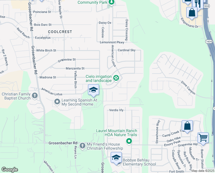 map of restaurants, bars, coffee shops, grocery stores, and more near 11766 Wayward Daisy in San Antonio