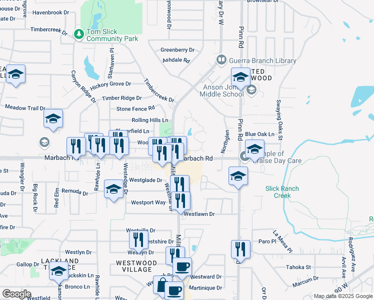 map of restaurants, bars, coffee shops, grocery stores, and more near 101 Pvt Road in San Antonio