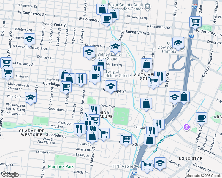 map of restaurants, bars, coffee shops, grocery stores, and more near 1214 Guadalupe Street in San Antonio
