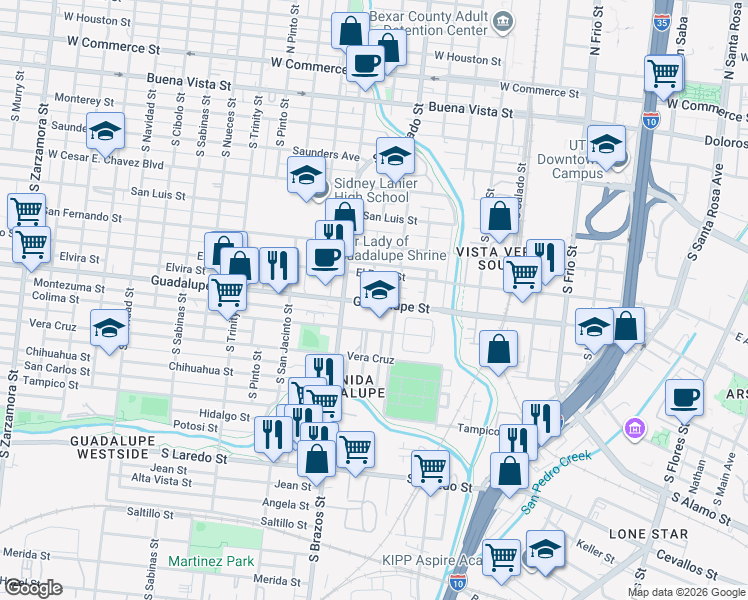 map of restaurants, bars, coffee shops, grocery stores, and more near 1214 Guadalupe Street in San Antonio