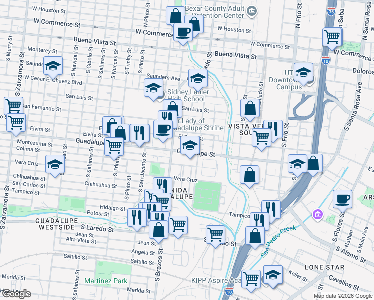 map of restaurants, bars, coffee shops, grocery stores, and more near 1214 Guadalupe Street in San Antonio