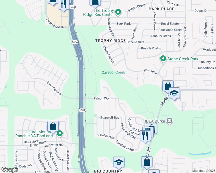 map of restaurants, bars, coffee shops, grocery stores, and more near 1415 Dancing Wolf in San Antonio