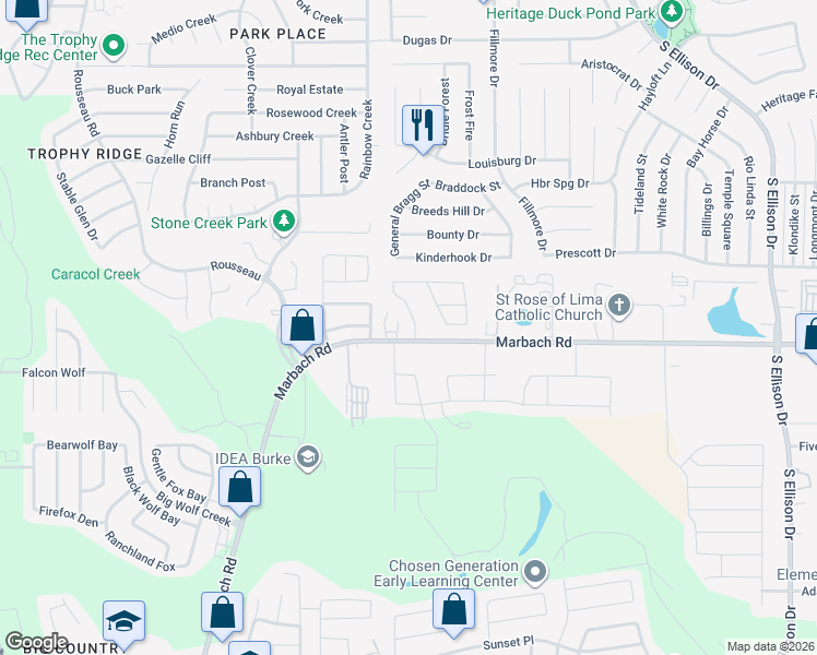map of restaurants, bars, coffee shops, grocery stores, and more near 10206 Robbins Creek in San Antonio