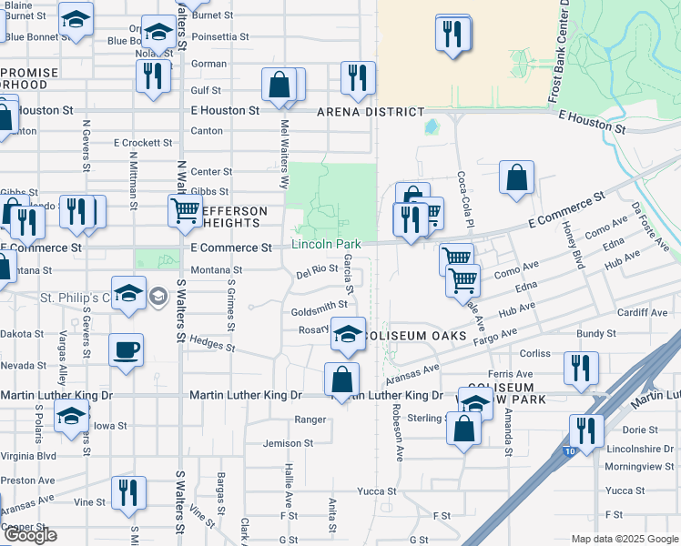 map of restaurants, bars, coffee shops, grocery stores, and more near 2853 Wyoming Street in San Antonio
