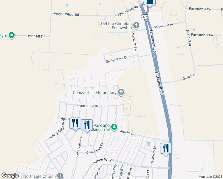 map of restaurants, bars, coffee shops, grocery stores, and more near 521 Quail Creek Drive in Del Rio