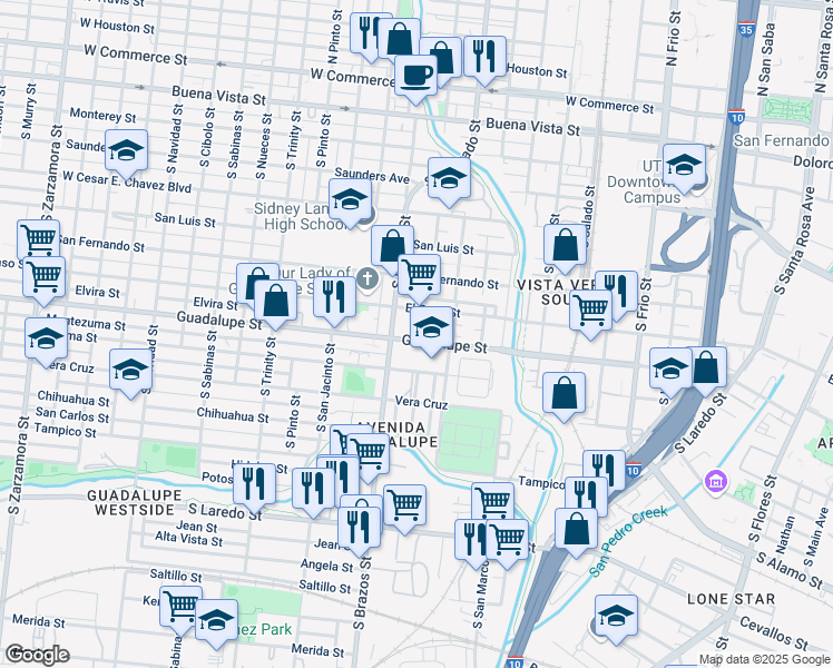 map of restaurants, bars, coffee shops, grocery stores, and more near 1214 Guadalupe Street in San Antonio