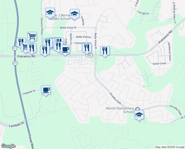 map of restaurants, bars, coffee shops, grocery stores, and more near 13802 Silas Creek in San Antonio
