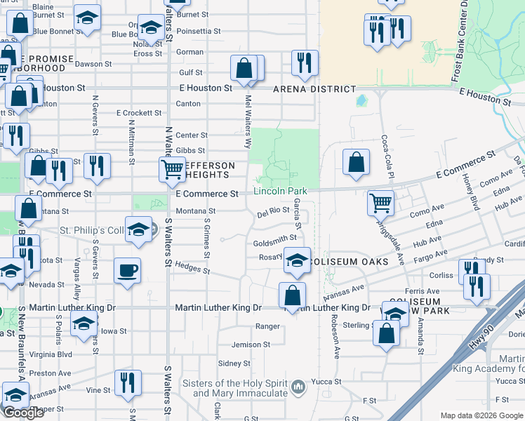 map of restaurants, bars, coffee shops, grocery stores, and more near 2810 Del Rio Street in San Antonio