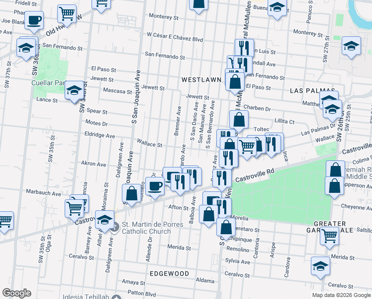 map of restaurants, bars, coffee shops, grocery stores, and more near 912 South San Dario Avenue in San Antonio