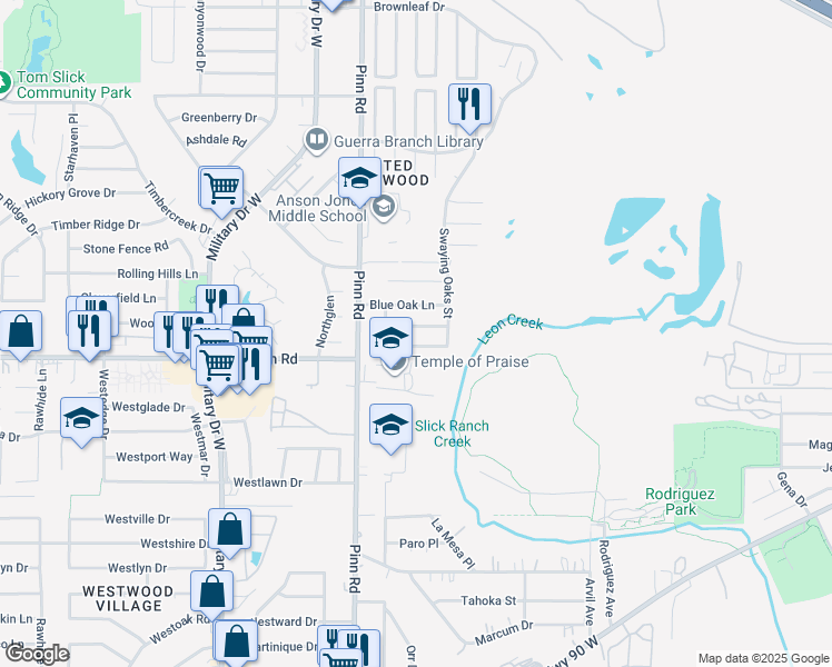 map of restaurants, bars, coffee shops, grocery stores, and more near 6738 Pleasant Oak Drive in San Antonio