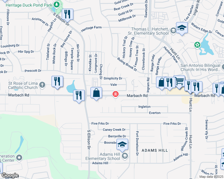 map of restaurants, bars, coffee shops, grocery stores, and more near 9707 Bratton Drive in San Antonio