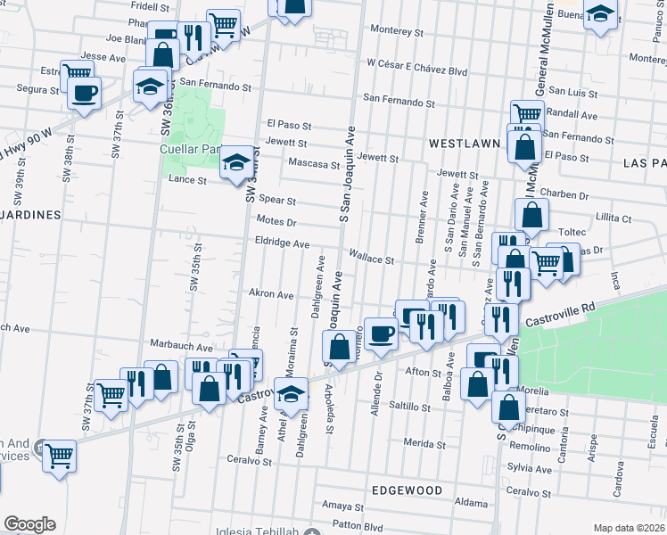 map of restaurants, bars, coffee shops, grocery stores, and more near 1312 Dahlgreen Avenue in San Antonio