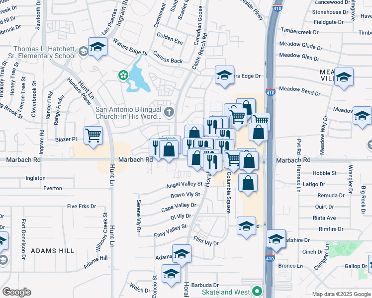 map of restaurants, bars, coffee shops, grocery stores, and more near 8489-8579 Marbach Road in San Antonio