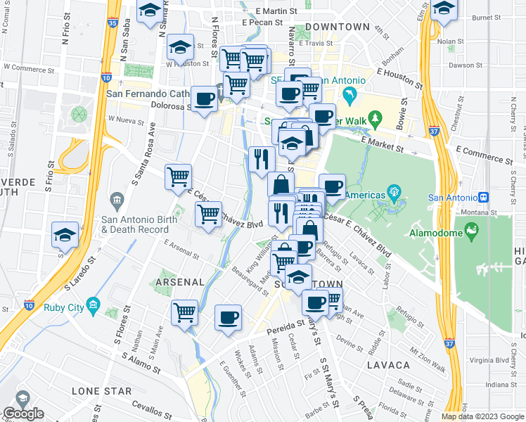 map of restaurants, bars, coffee shops, grocery stores, and more near 411 East César E. Chávez Boulevard in San Antonio