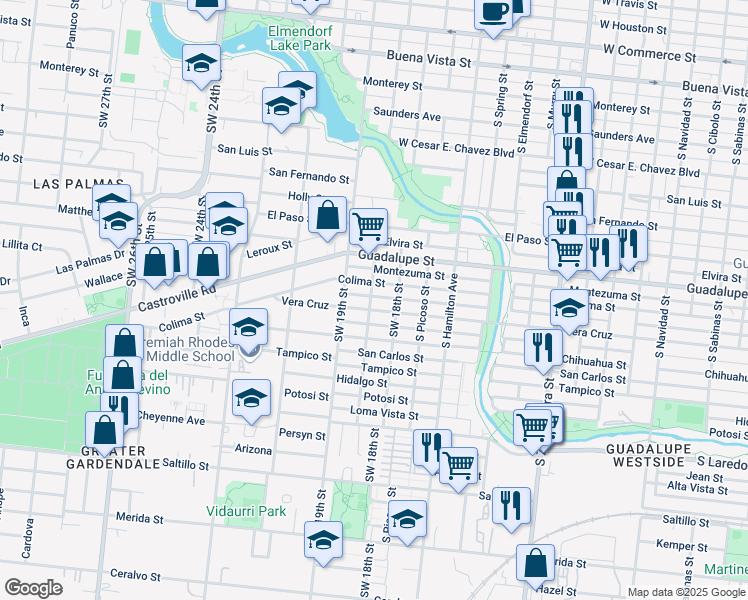 map of restaurants, bars, coffee shops, grocery stores, and more near 2201 Santiago Street in San Antonio