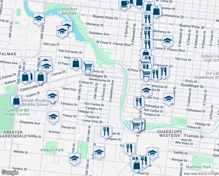 map of restaurants, bars, coffee shops, grocery stores, and more near 2716 Vera Cruz in San Antonio