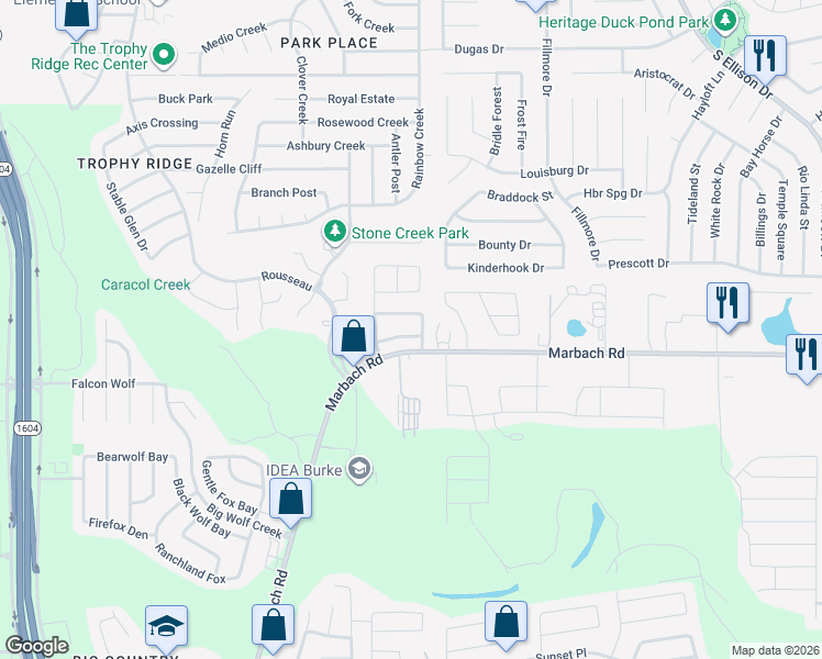 map of restaurants, bars, coffee shops, grocery stores, and more near 1330 Tumbleweed Way in San Antonio