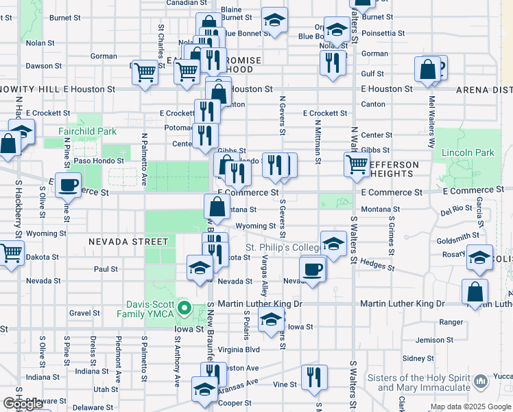 map of restaurants, bars, coffee shops, grocery stores, and more near 2115 Wyoming Street in San Antonio