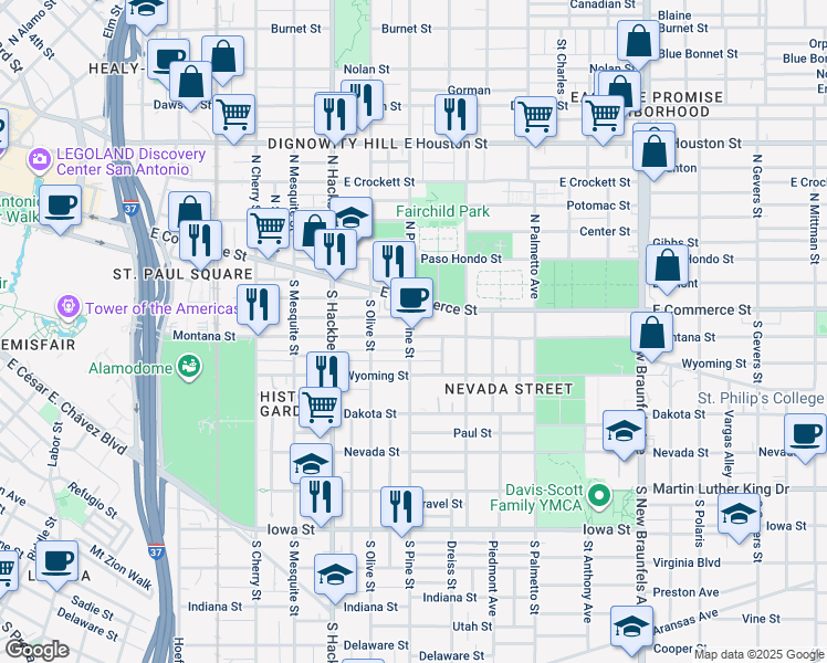 map of restaurants, bars, coffee shops, grocery stores, and more near 215 South Pine Street in San Antonio