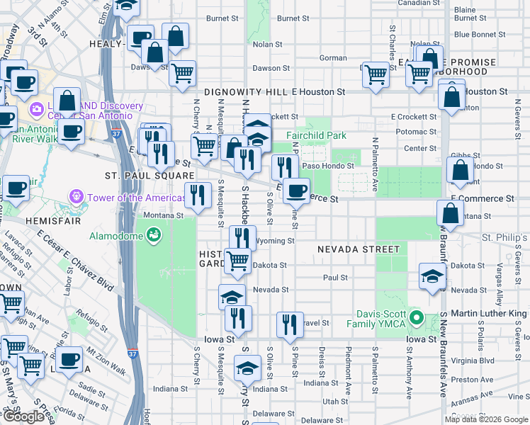 map of restaurants, bars, coffee shops, grocery stores, and more near 215 South Olive Street in San Antonio