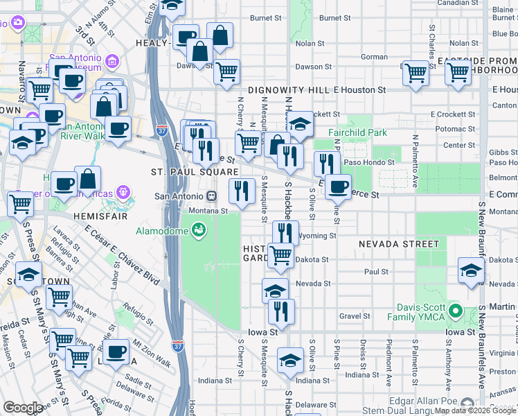 map of restaurants, bars, coffee shops, grocery stores, and more near 315 South Mesquite in San Antonio