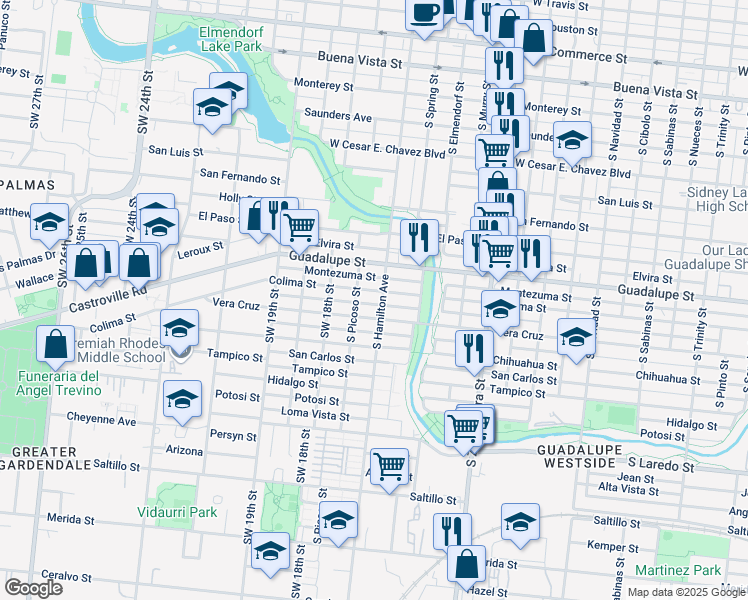 map of restaurants, bars, coffee shops, grocery stores, and more near 2716 Vera Cruz in San Antonio