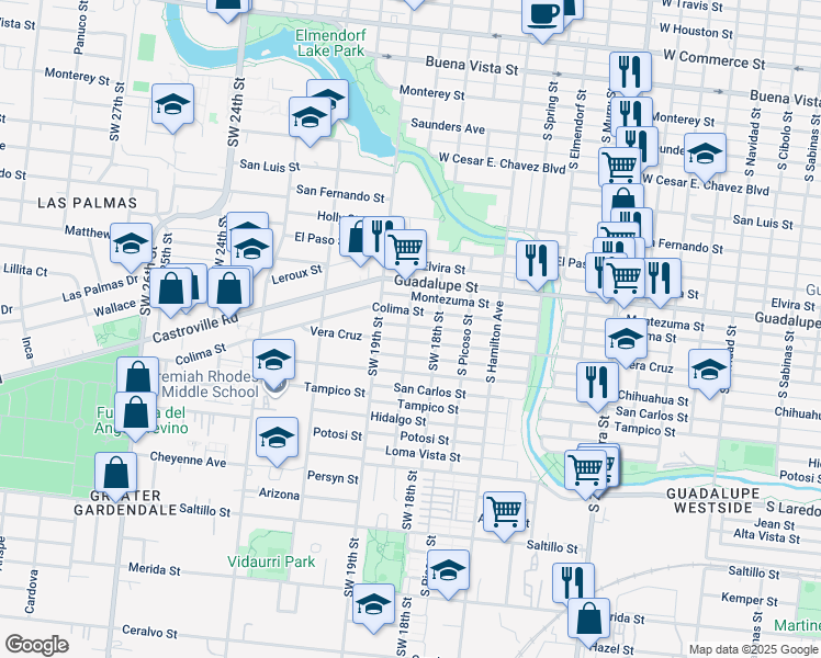 map of restaurants, bars, coffee shops, grocery stores, and more near 2201 Santiago Street in San Antonio