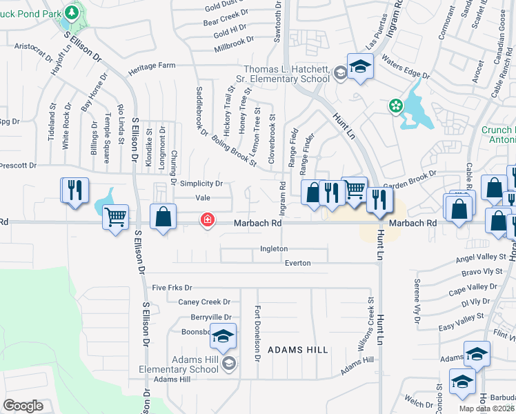 map of restaurants, bars, coffee shops, grocery stores, and more near 319 Autumn Pass in San Antonio