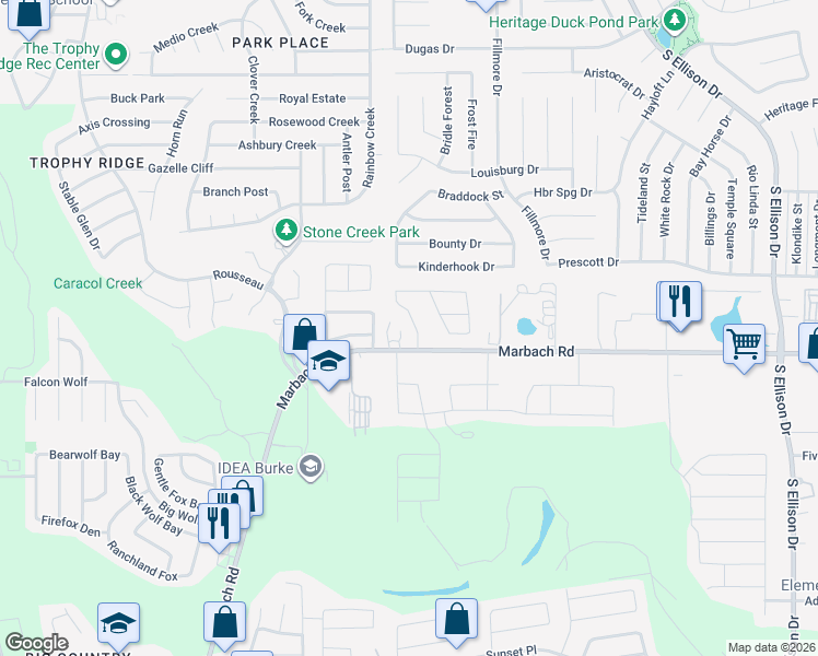 map of restaurants, bars, coffee shops, grocery stores, and more near 10206 Robbins Creek in San Antonio