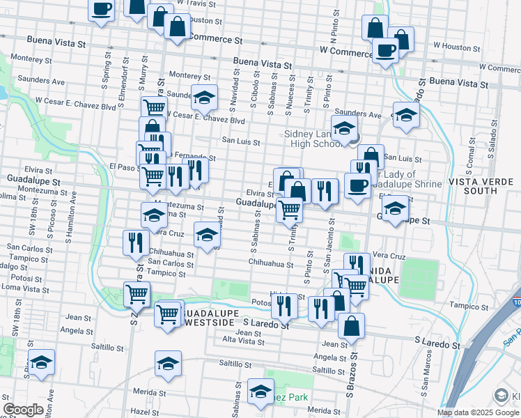 map of restaurants, bars, coffee shops, grocery stores, and more near 1703 Colima Street in San Antonio