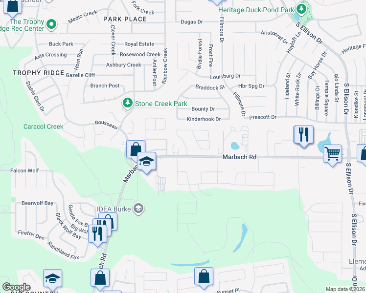 map of restaurants, bars, coffee shops, grocery stores, and more near 10206 Robbins Creek in San Antonio