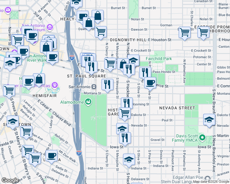 map of restaurants, bars, coffee shops, grocery stores, and more near 315 South Mesquite in San Antonio