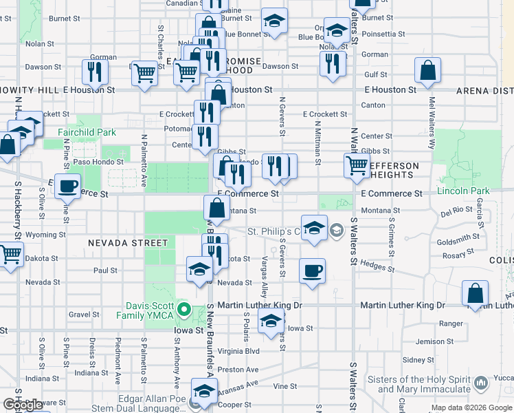 map of restaurants, bars, coffee shops, grocery stores, and more near 2314 East Commerce Street in San Antonio