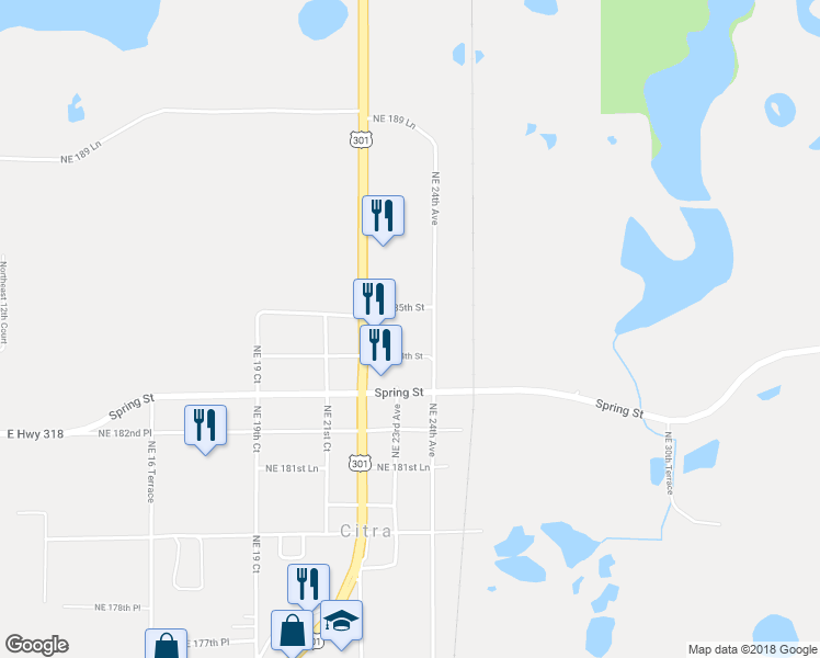 map of restaurants, bars, coffee shops, grocery stores, and more near 2310 Northeast 185th Street in Citra