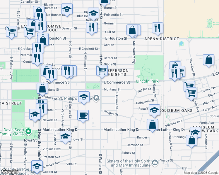map of restaurants, bars, coffee shops, grocery stores, and more near 2629 East Commerce Street in San Antonio