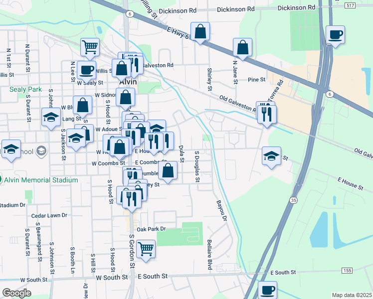 map of restaurants, bars, coffee shops, grocery stores, and more near in Alvin