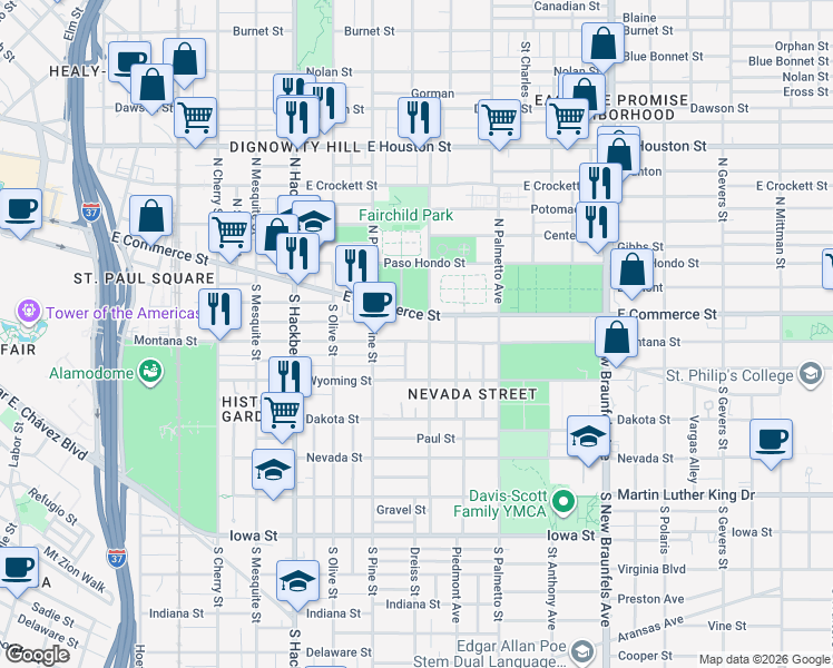 map of restaurants, bars, coffee shops, grocery stores, and more near in San Antonio
