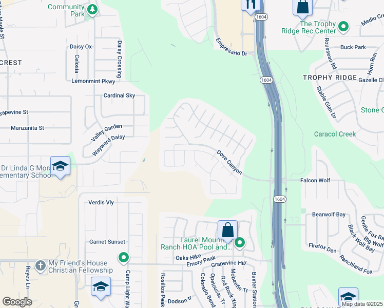 map of restaurants, bars, coffee shops, grocery stores, and more near 655 Durango Run in San Antonio