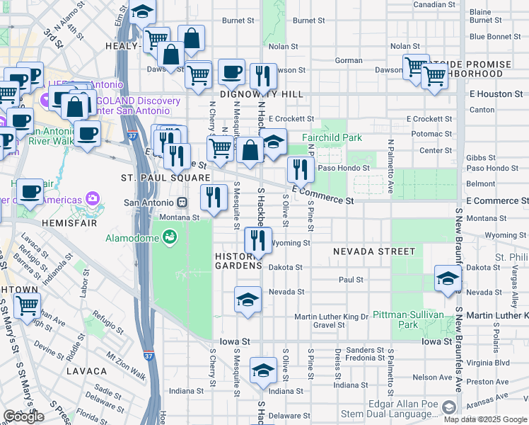 map of restaurants, bars, coffee shops, grocery stores, and more near 129 Omaha Street in San Antonio
