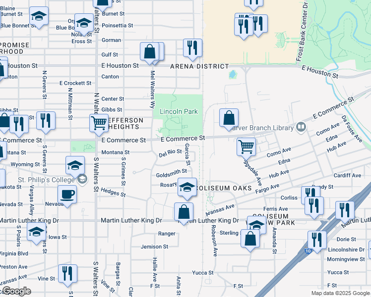 map of restaurants, bars, coffee shops, grocery stores, and more near 2910 East Commerce Street in San Antonio